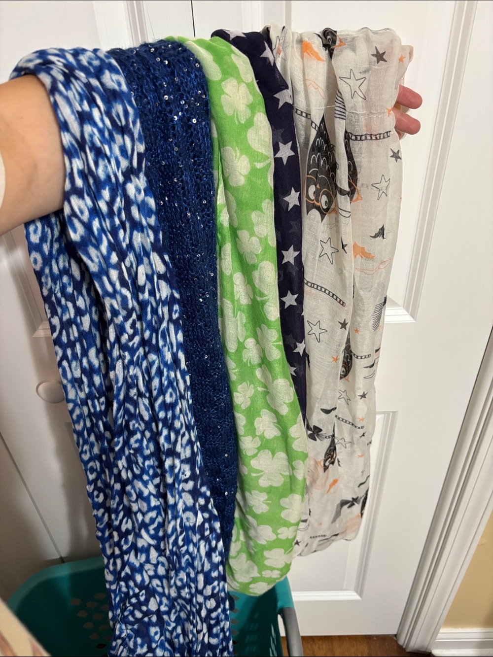 Set of Women's Patterned Scarves - Blue, Navy, Green, Cream